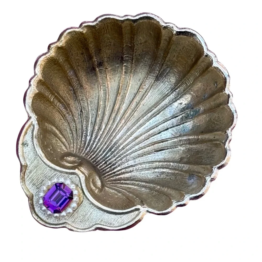 Vintage Seashell Trinket Dish Purple Gem Pearl Accent